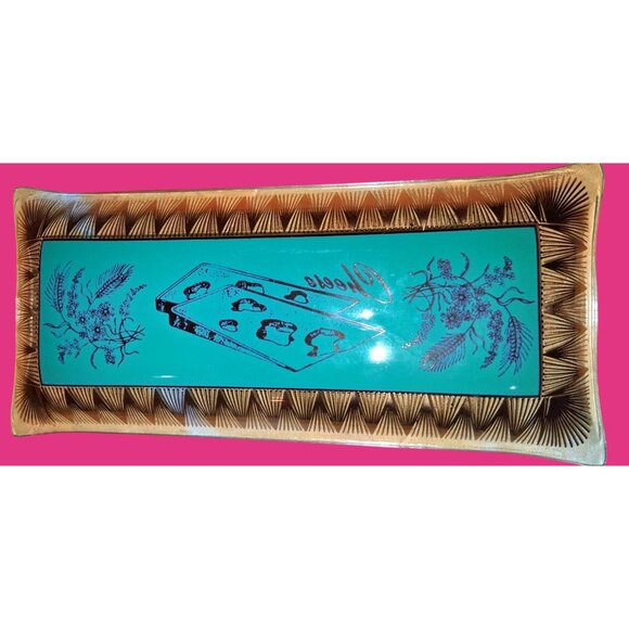 Mcm 1960s Teal Gold Glass Cheese Tray Rectangular 9x7 Inches Mid Century Style H - Picture 5 of 6